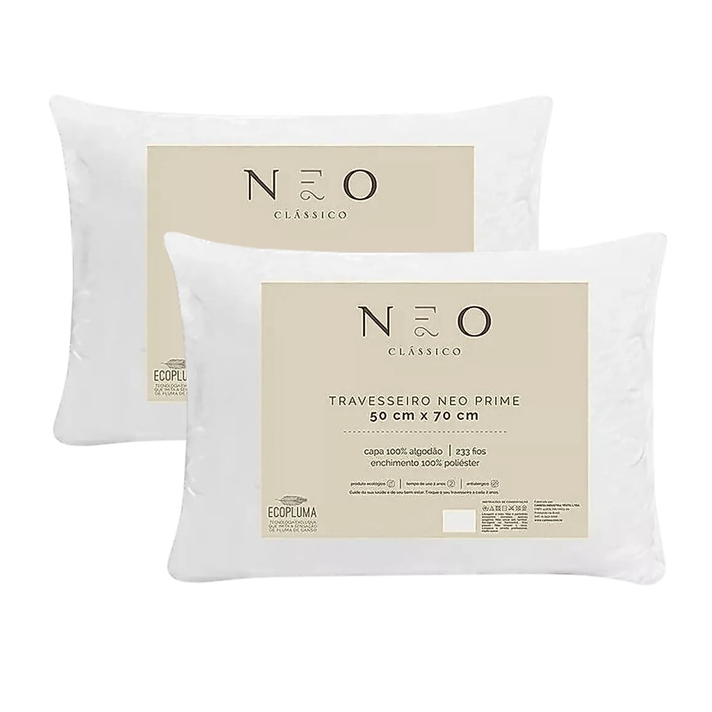 Kit 2 Travesseiro Neo Prime Ecopluma 233 Fios 50x70cm – Branco - Camesa