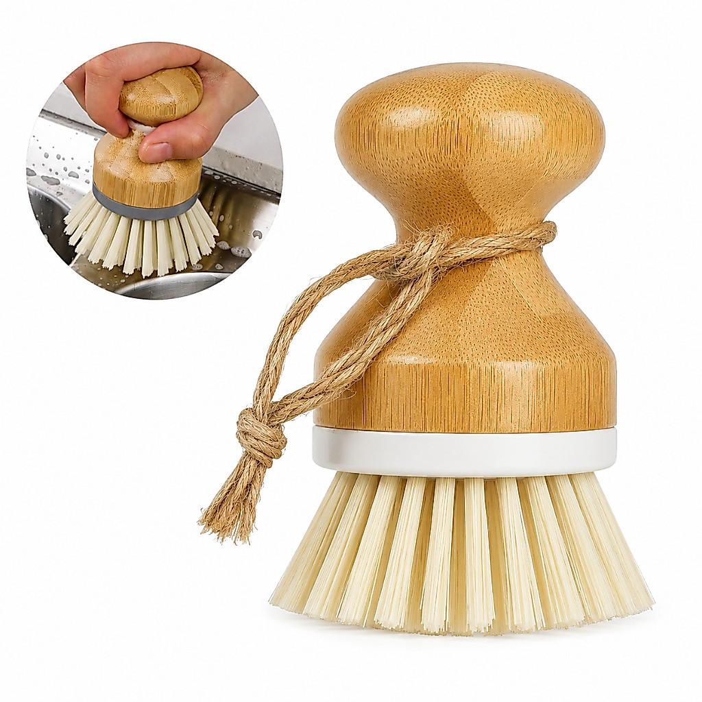 Escova De Limpeza Redonda Com Cabo De Bambu Ecológica Cerdas Resistentes