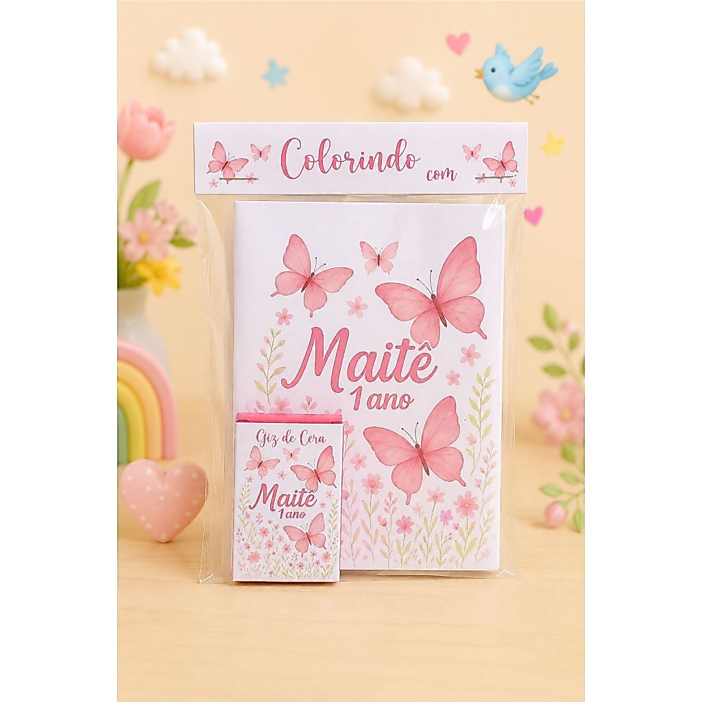 Kit mini livrinho de colorir + cx mini giz de cera Borboleta Rosa Jardim Aniversário Lembrancinhas Personalizada