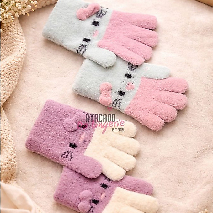 Kit 2 Pares Luva Infantil Térmica Conforto Menina Gatinho Moda Kids Inverno