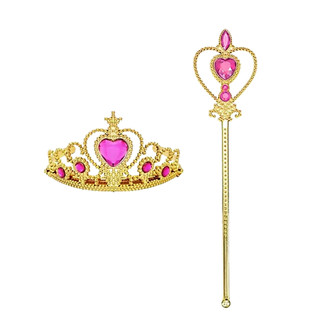 kit Acessórios Festa Beleza Coroa e Varinha Mágica Princesa Com Enfeites Rosa Dourado Bela