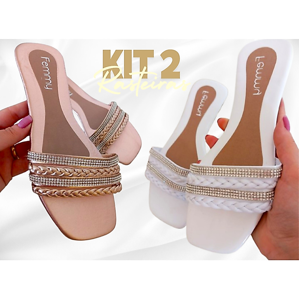 KIT 2 Sandália rasteira 4 Tiras Strass Trança confortável antiderrapante Rasteirinha Femmy 01