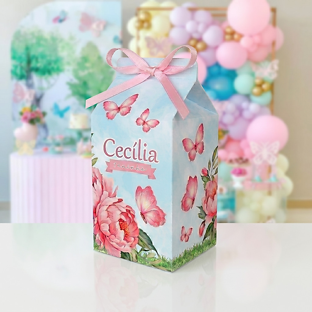 ENVIO RÁPIDO PEGUE MONTE Kit Caixinhas Milk Personalizada - Lembrancinhas de Festa Jardim das Borboletas Rosa