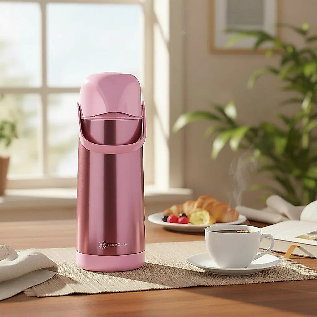 Garrafa Térmica Rosa Café Chá Bebidas Quentes 1 Litro Inox De Pressão Termolar Lúmina