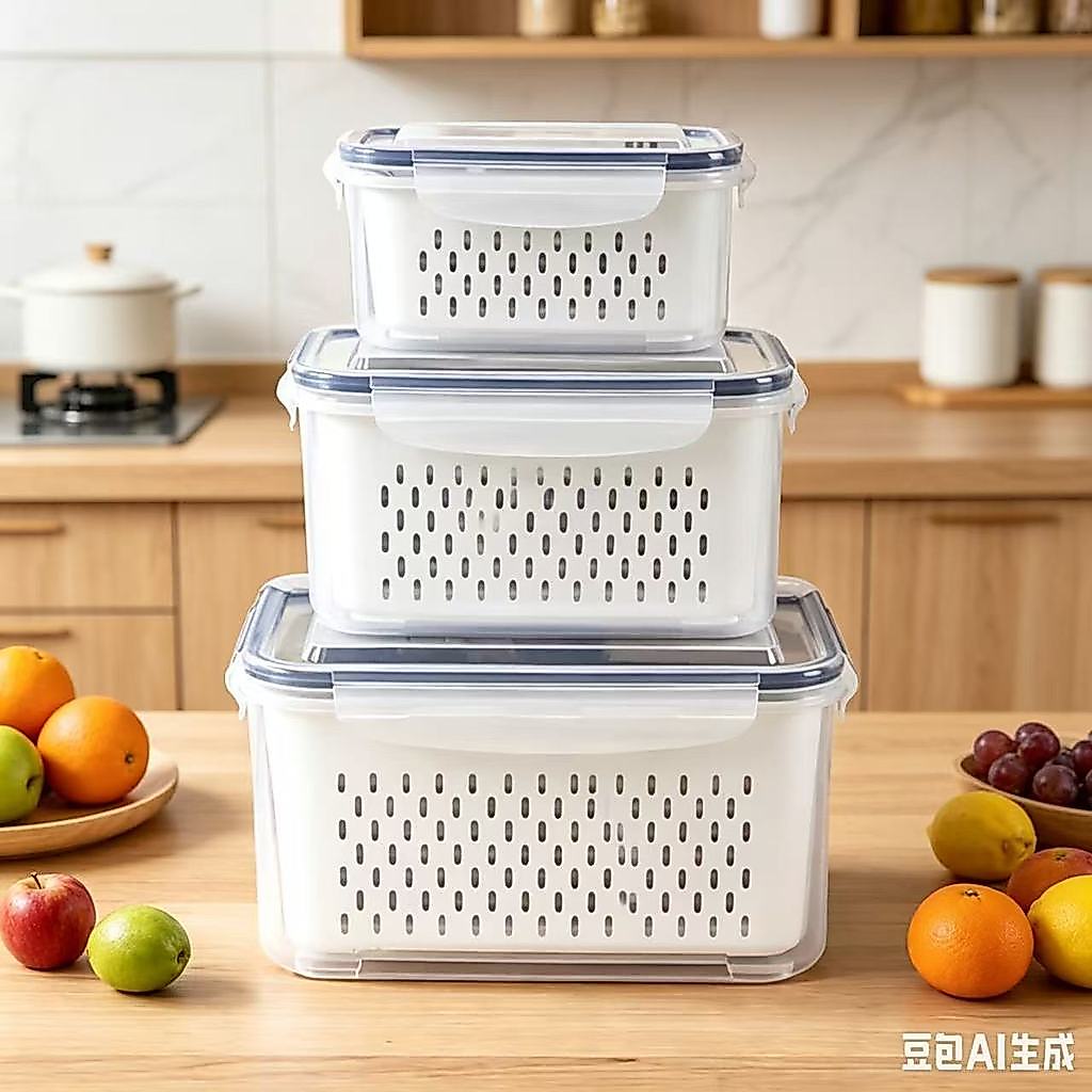 Kit com 3 Organizadores de Geladeira Potes Herméticos Cozinha Alimentos Com Cesto Removível Lavar Frutas H-17-0662