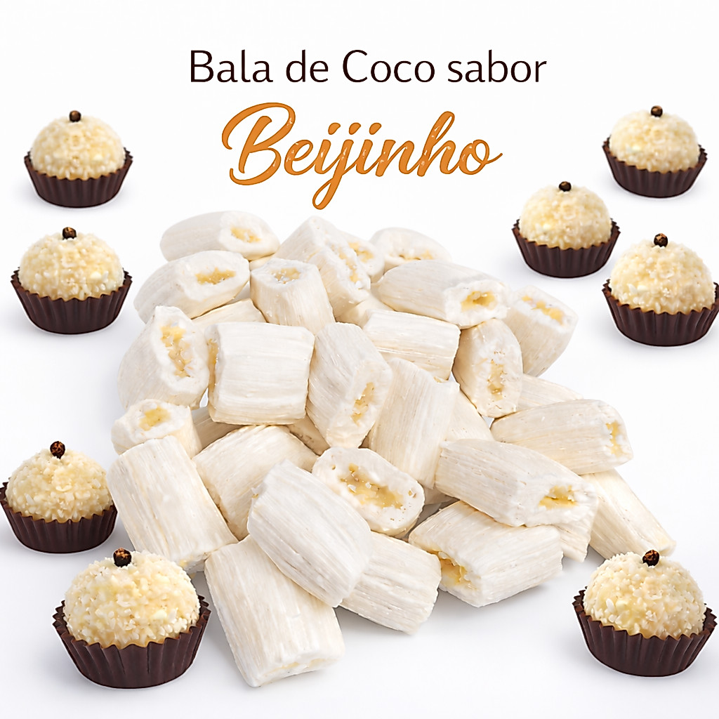 2 Potes de Bala de Coco Artesanal Sabor Beijinho - 250g Albas Balas Fresca Direto de Fabrica