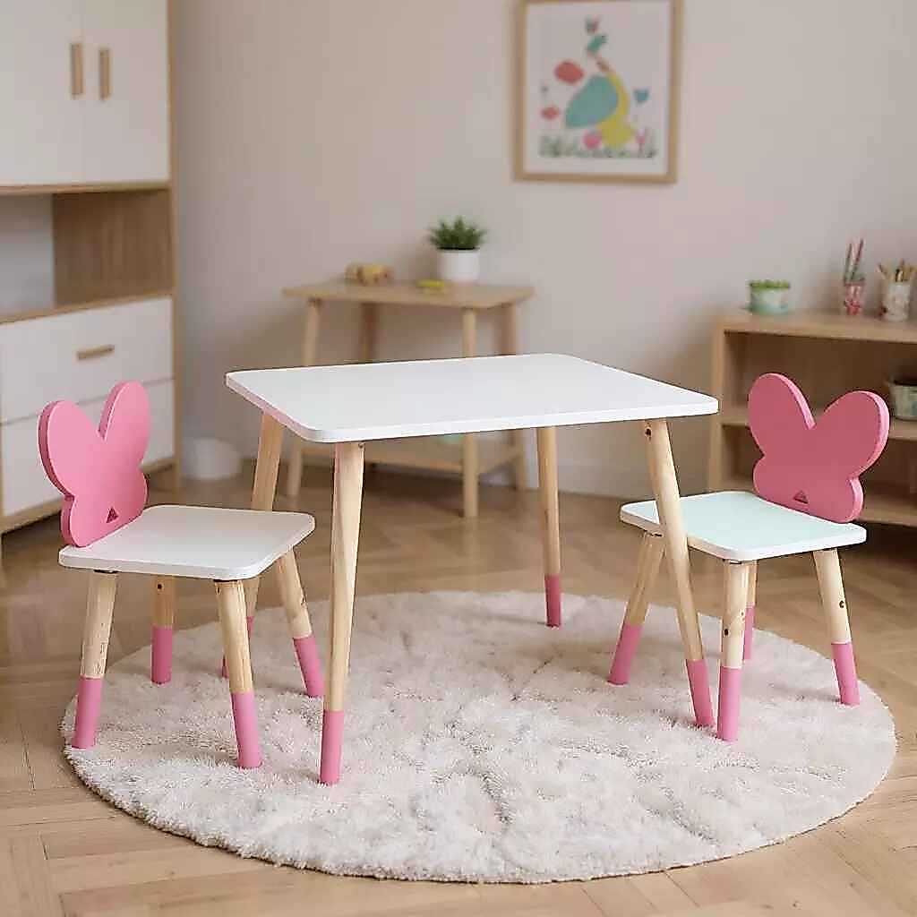 Mesa 2 Cadeiras Infantil Borboletinha Madeira Brinquedo Mobiliário Quarto Pedagógico Montessori Kit Livro Educativo