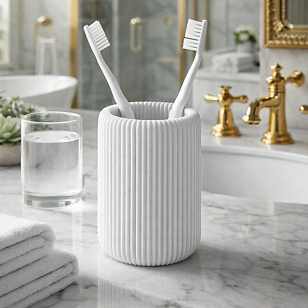 Copo Porta Escovas De Dente Premium Branco Texturizado Slim para Bancadas — imagem 2 de 2