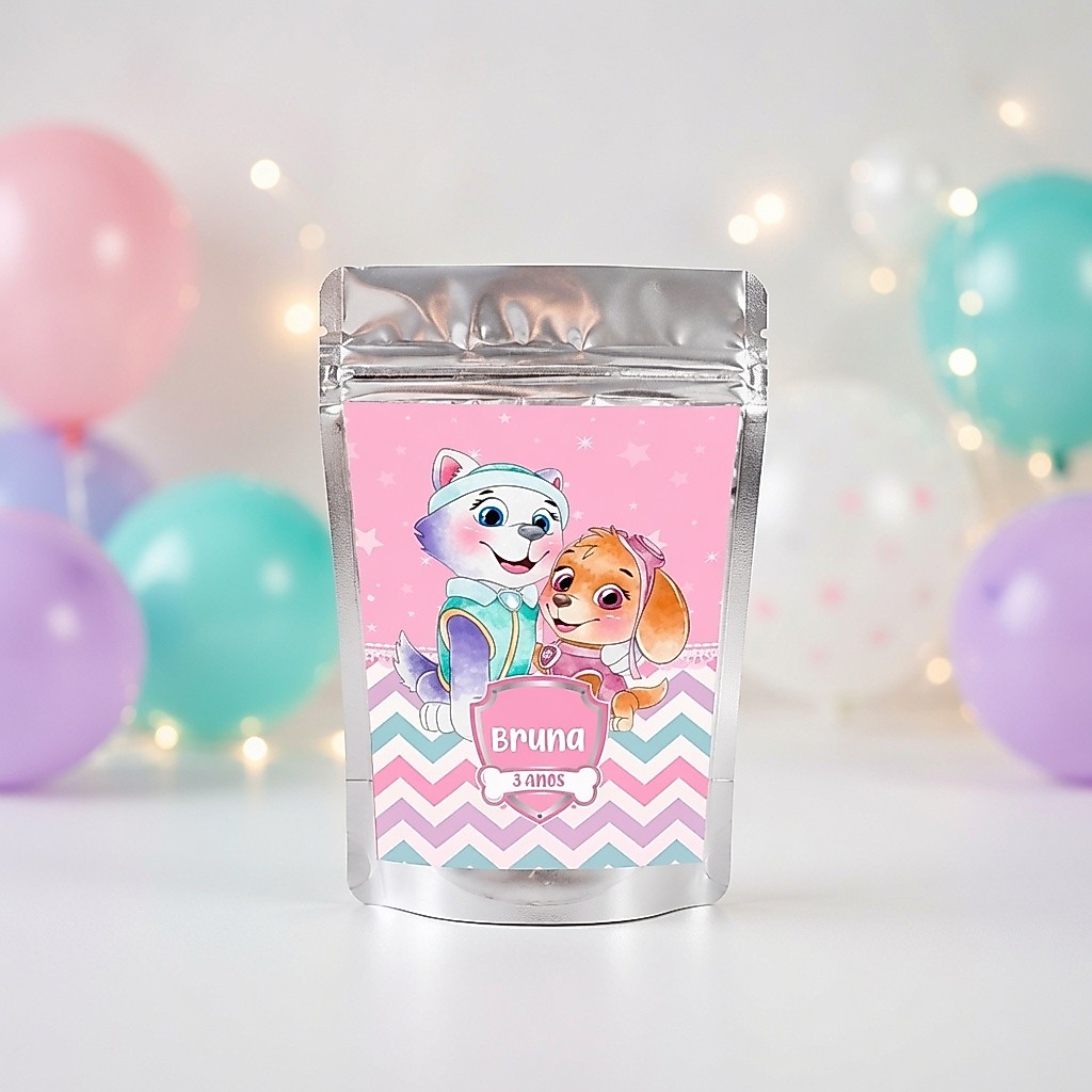 Saquinho Metalizado Ziplock Skye Patrulha Personalizado | Lembrancinha de Festa | Aniversário