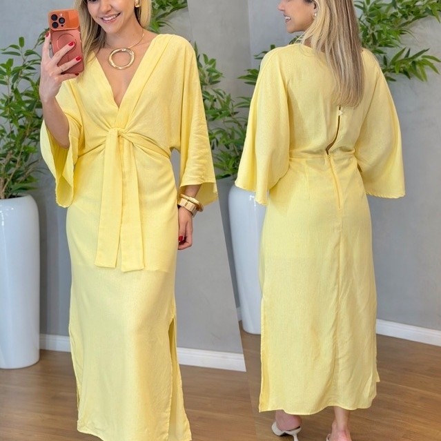 Vestido Linho Midi Elegante Fluido Feminino Batizado Casamento Manga Morcego