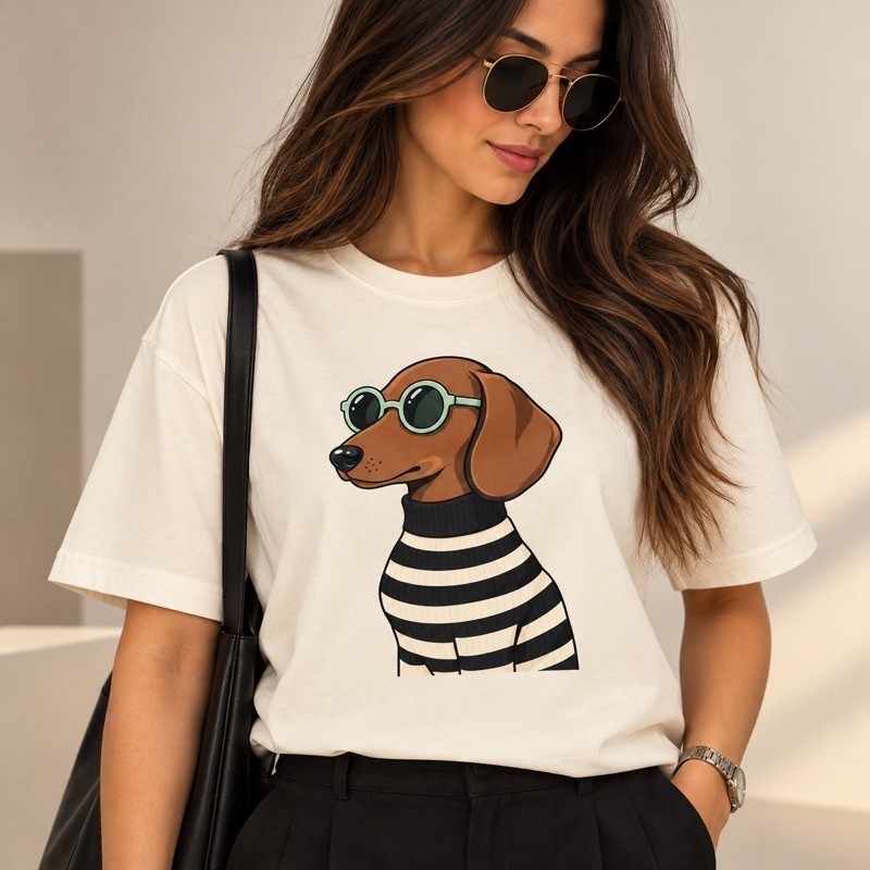 Camiseta Feminina Estilosa Tendência Blusa Casual 100% Algodão Estampa Cachorro