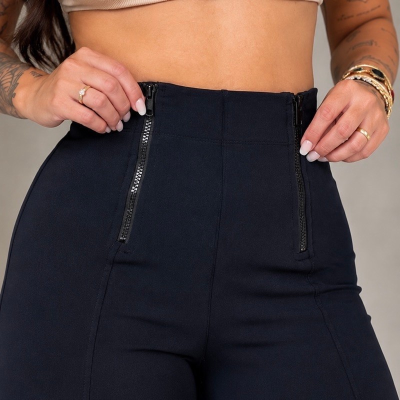 Calça Legging Skinny Flanelada Forrada Cintura Alta 2 Zipper Empina Bumbum