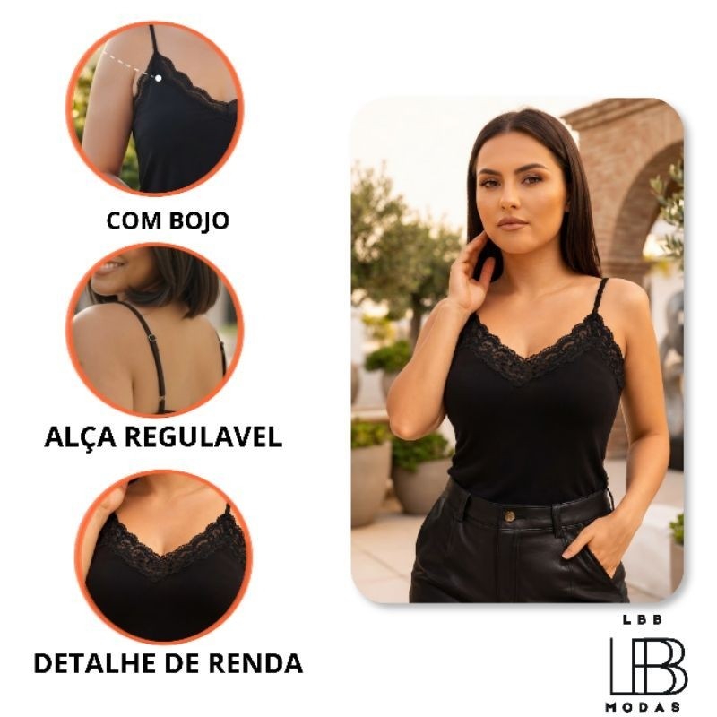 Regata Preta Feminina Com Bojo Alça Regulável Detalhe Renda Blusinha Elegante Confortavel