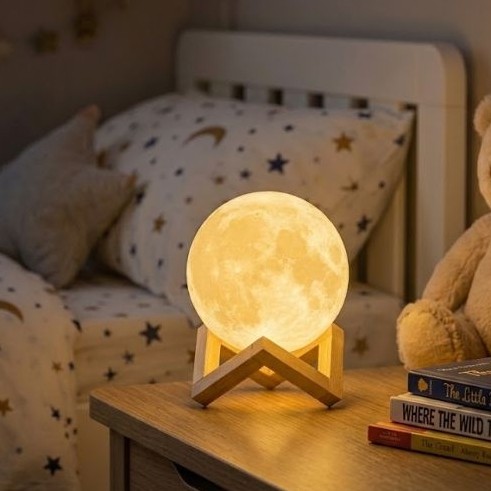 Luminária Lua Cheia 3D 11 Cm Abajur Mesa Com Base Madeira A Bateria Decoração Quarto Infantil / Salão