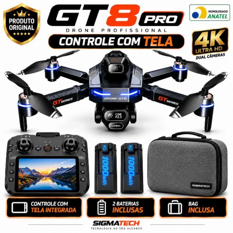 Drone GT8 Pro 4K Controle com Tela Integrada 2 Baterias Motor Brushless Bolsa Alcance 100m Câmera HD
