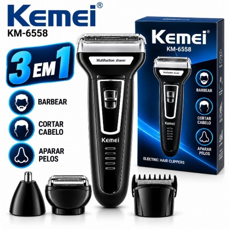 Aparador de Pelos e Barba 3 em 1 Kemei KM-6558 Recarregável Bivolt 110V 220V