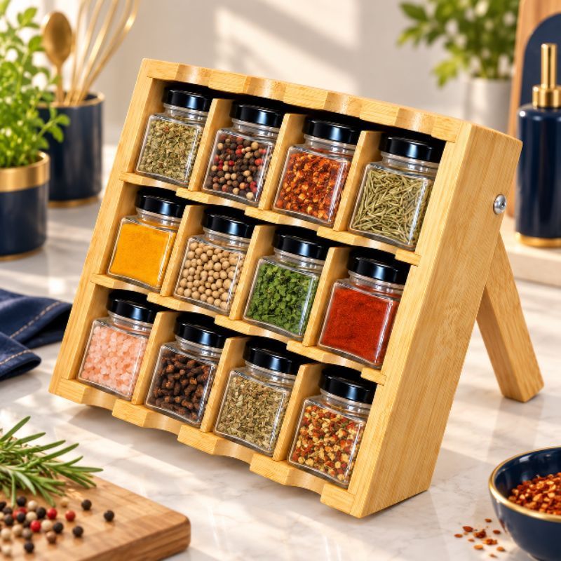 Porta Temperos Bambu com 12 Potes de Vidro e Suporte Premium Incluso