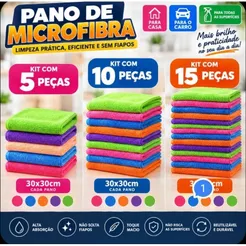 Pano Microfibra Limpeza Kit com 5 Peças 30x30cm – Alta Absorção