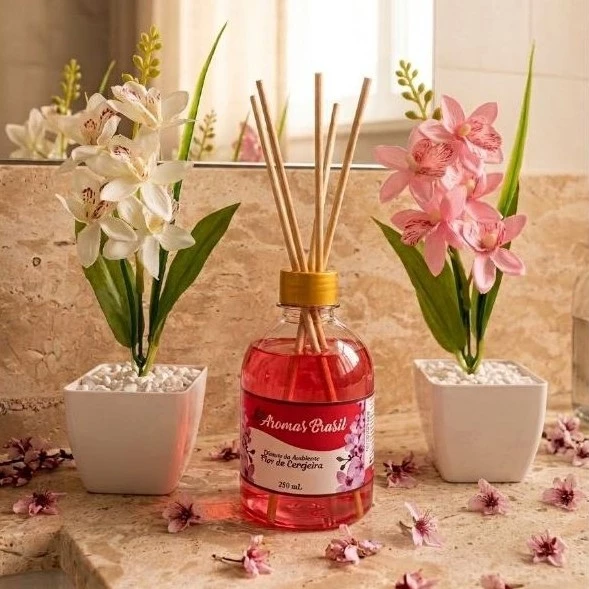 Kit 2 Vasos Decorativos com Flores + Difusor de Aromas 250ml – Para Sala, Quarto, Banheiro e Escritório