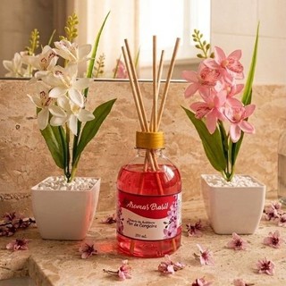 Kit 2 Vasos Decorativos com Flores + Difusor de Aromas 250ml – Para Sala, Quarto, Banheiro e Escritório