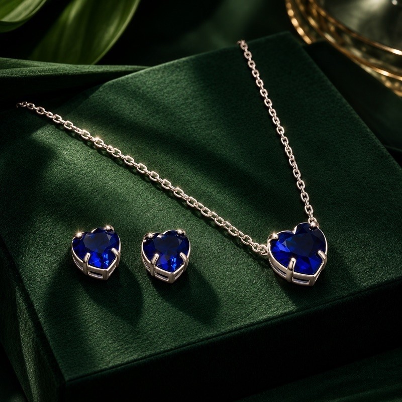 Conjunto Brinco e Colar Coração Azul Bick em Prata 925
