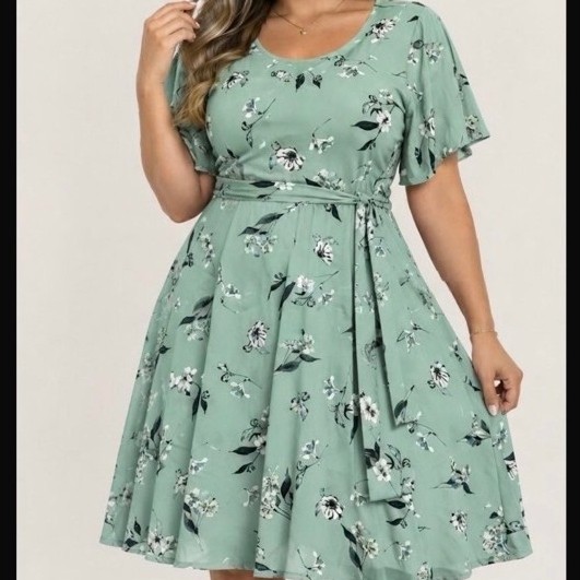 vestido rodado plus size manga fler  com faixa tecido suplex digital  G Gg G1 G2 G3 44/46/50/52/54