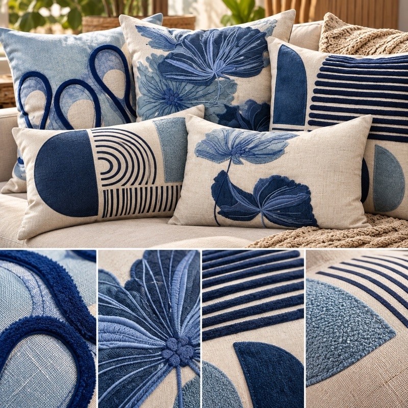 Capa de Almofada Decorativa Luxo | 50x50 | Linha Magestic Azul | Bordado| Aplique 3D