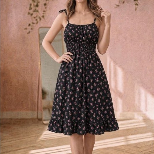 Vestido Midi Feminino Com Forro Alça Ajustável Korean Style Estampa Floral e Variadas — imagem 2 de 2