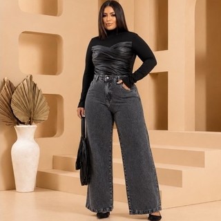 WIDE LEG PLUS SIZE FEMININA 46 AO 54 CINTURA ALTA EXTREMA QUALIDADE