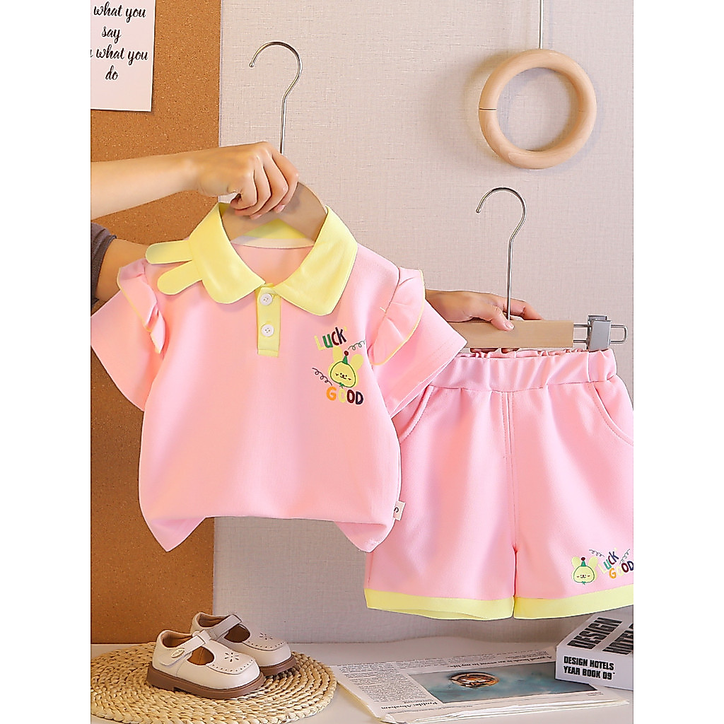 Meninas roupas de verão moda dos desenhos animados lapela manga curta terno de duas peças bebê verão roupas bonitos