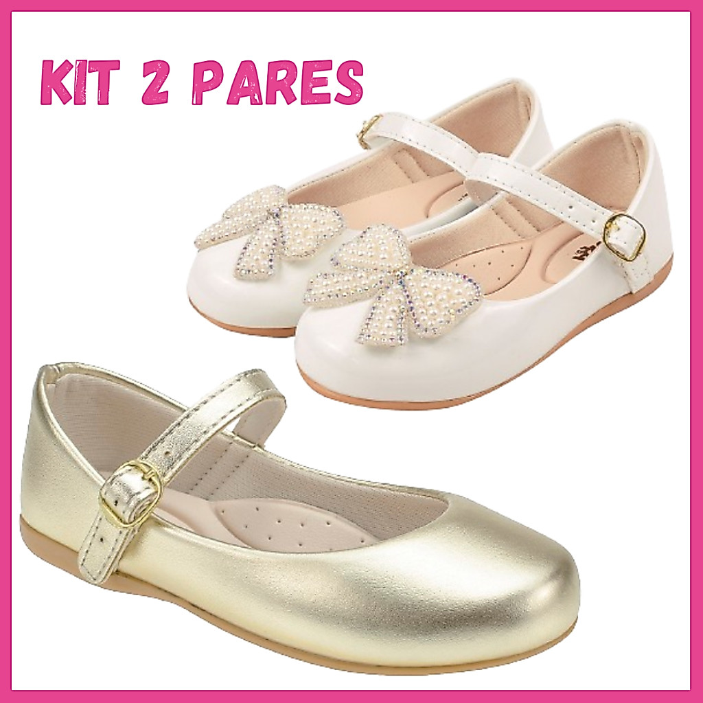 Kit 2 Pares Sapatilha Infantil Básica Boneca Laço Verniz Metálica Casamento Meni