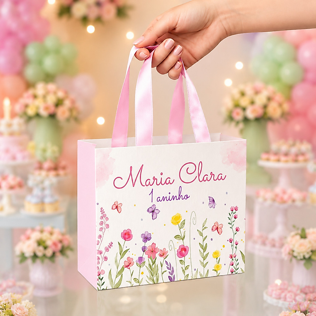 Sacolinha JARDIM DAS BORBOLETAS CANDY ENCANTADO FLORES - personalizada lembrancinha de festa