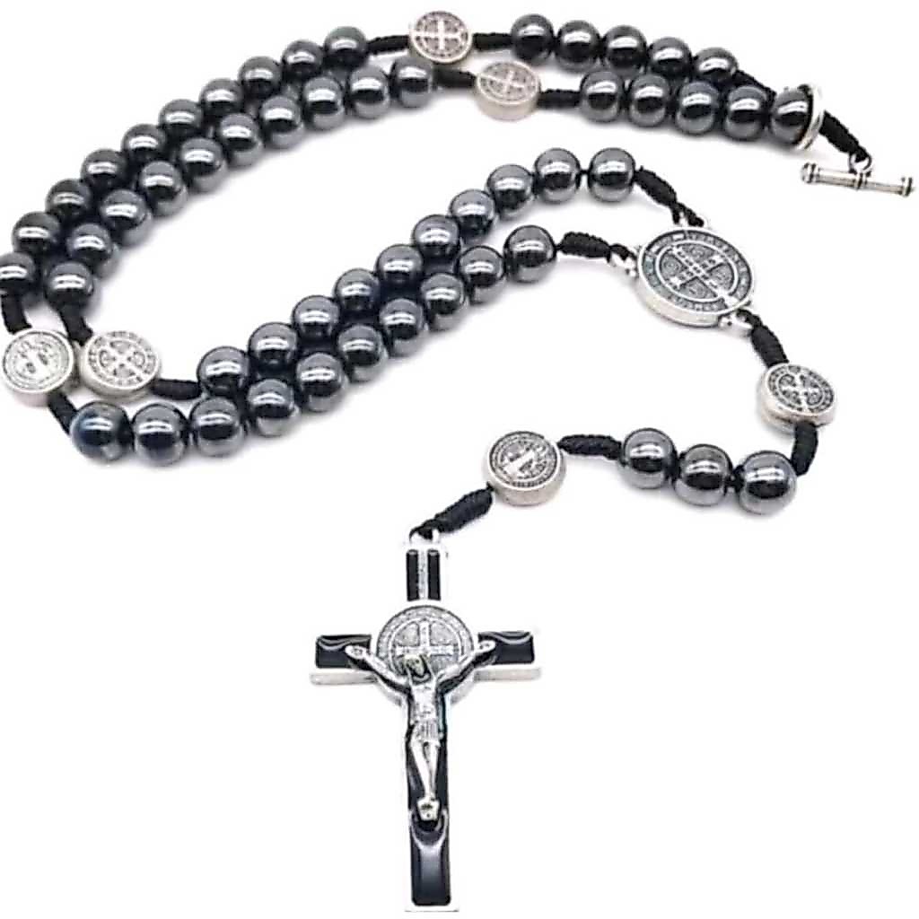 Colar Terço Masculino Hematita São Bento com Crucifixo 43CM