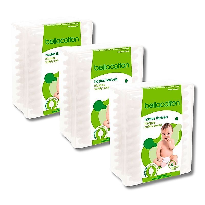 Kit C/ 3 Pacotes Cotonetes Bellacotton Baby Higiene 50 Unidades Cada