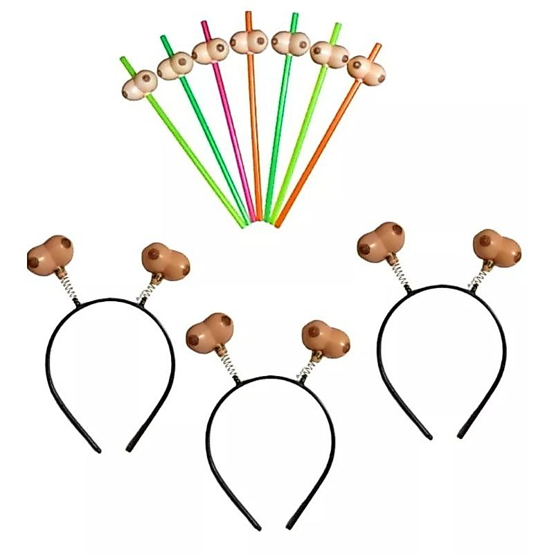 kit 5tiara tetinha + 10 canudos tetinhas despedida de solteiro