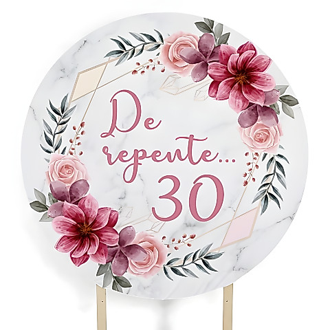Painel Festa Infantil Redondo De Repente 30, formas geométricas, floral rosa + Arco, Suporte incluso. Fazemos personalizado com qualquer tema. Confeccionado em Lona fosca, impressão de alta resolução. cenário Circular p/ Decoração