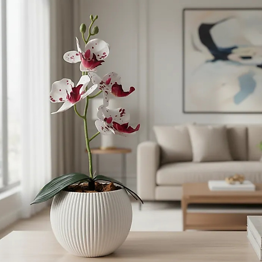 Arranjo Decorativo Orquídea Artificial com Vaso Moderno - 34 cm