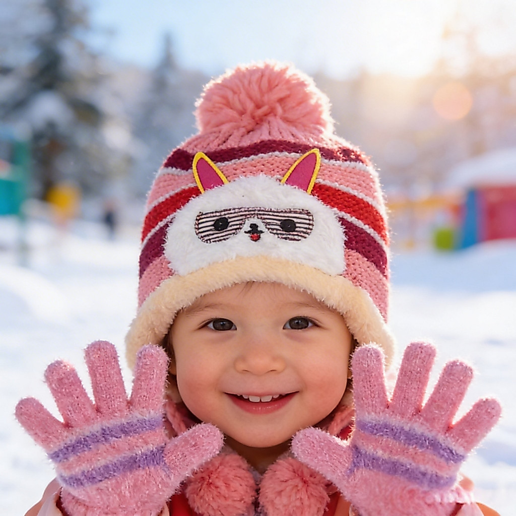 Kit Touca e Luva Bebe Com Pom Pom Forrada Quentinho Menino e Menina Para Inverno Frio Infantil