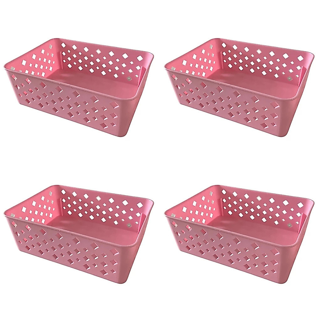 Kit 4 Cestos Organizadores Rosa Multiuso Médio Empilhável Gaveta Armário Lavanderia 19x14x6,5