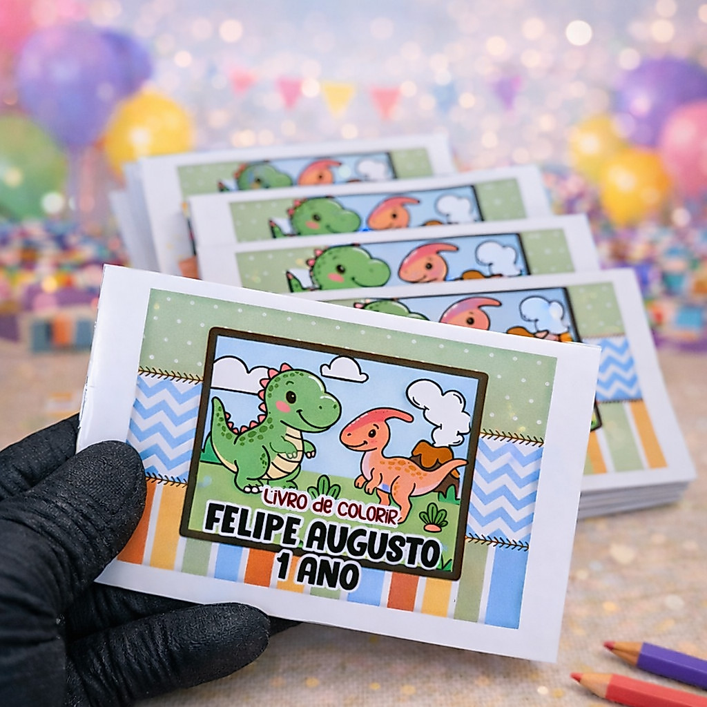 Mini Livro de Colorir Dinossauro | Brinde Escolar e Festa | Personalizado