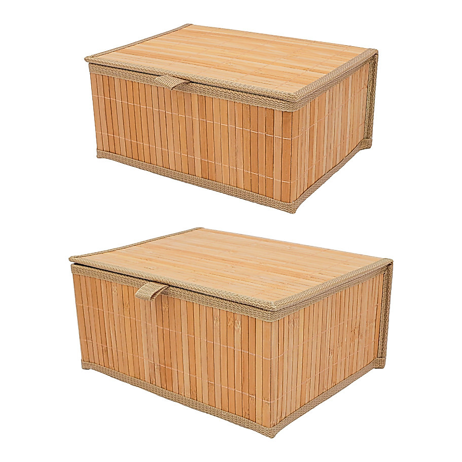 Kit 2 Cestos Decorativos Organizadores Multiuso Em Bambu Natural Com Tampa Cesto M e Cesto G