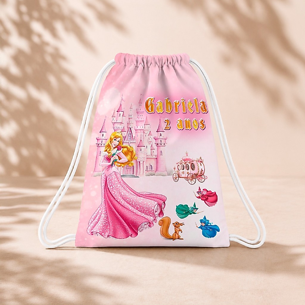 10 Mochila Personalizada Infantil 18x26 Sacolinhas Surpresa Festa Aniversário Lembrancinha Aurora Bela Adormecida