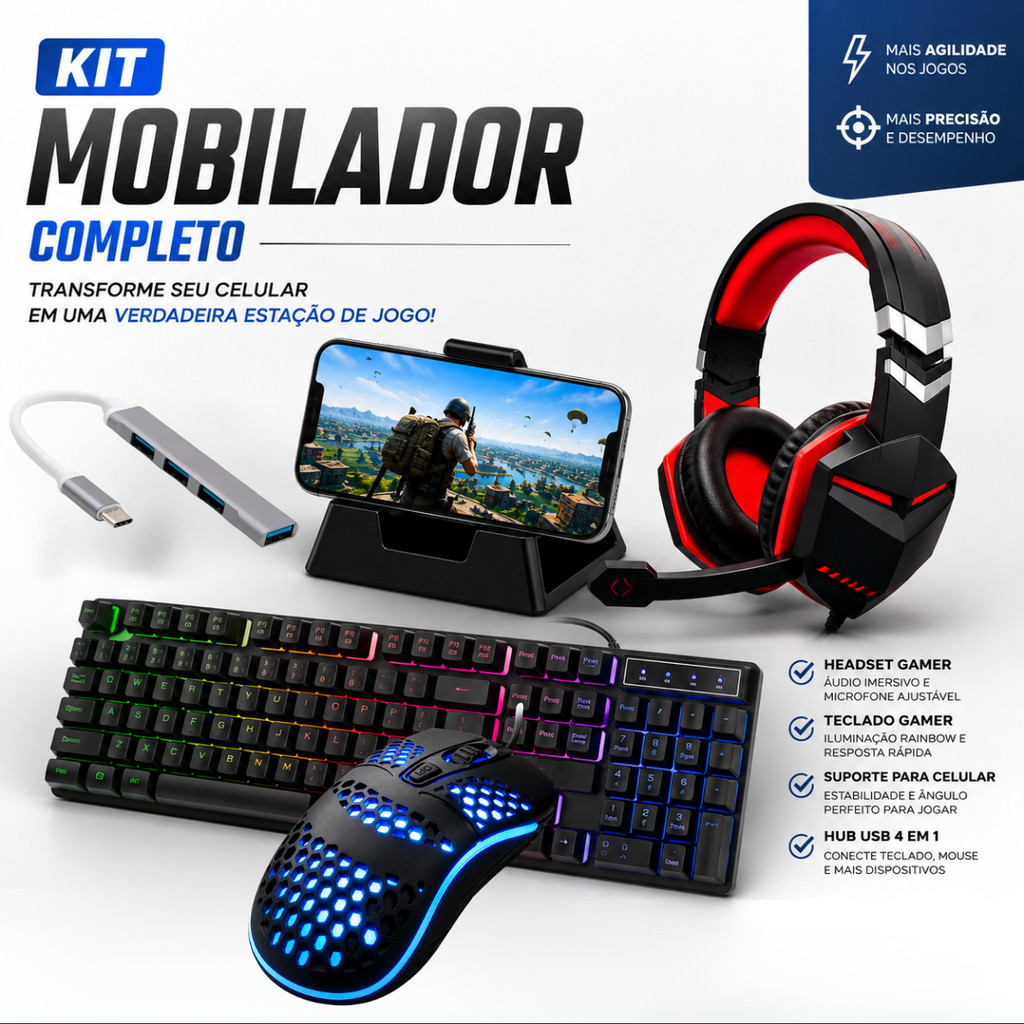 Kit Mobilador Gamer Completo Com Fone Headset Mouse Teclado Rgb Tipo C Free fire