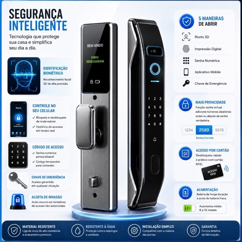 Fechadura Eletrônica com Reconhecimento Facial 3D Inteligente Segura Biometria WiFi Senha Câmera - Manual em Portugues