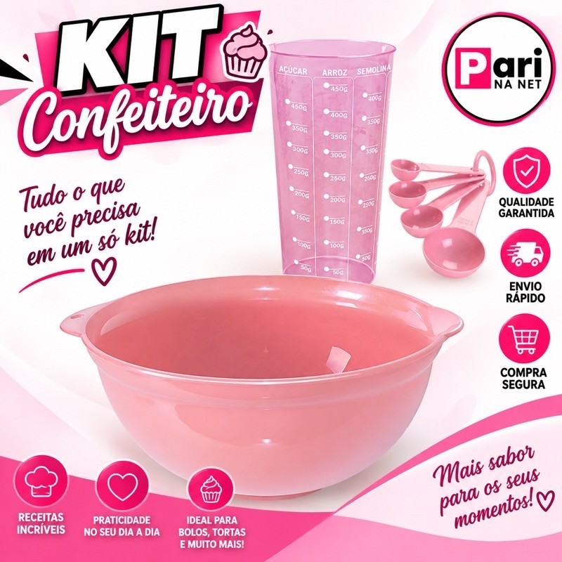 Kit Confeiteiro Bacia Bolo 2,5lt Copo Colher Medidora Rosa