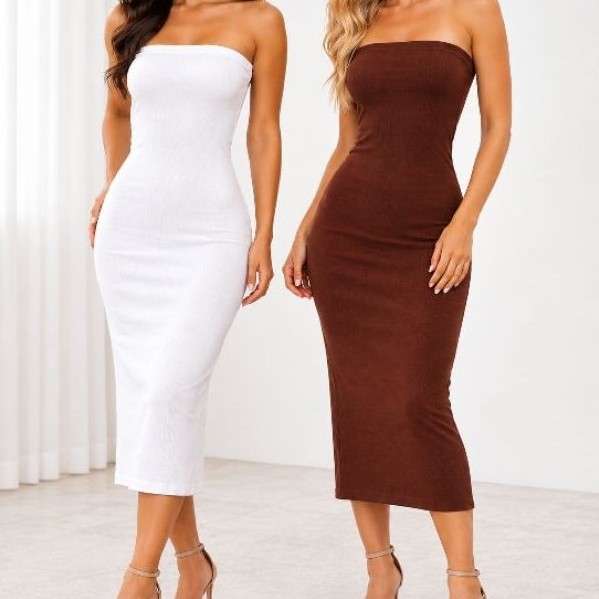 vestido feminino midi básico canelado com elastano tomara que caia sem bojo super estiloso e casual