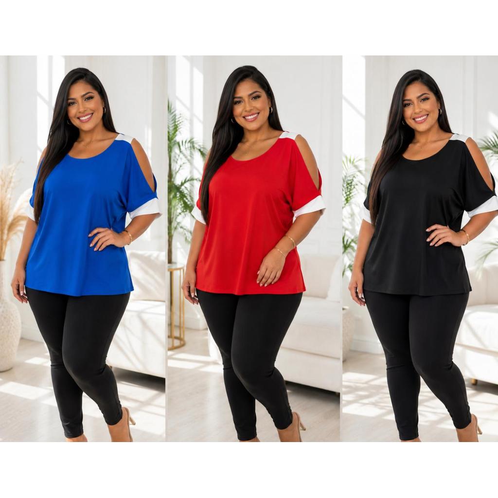 Kit 3 Camisas Femininas Ombro Vazado Viscolycra