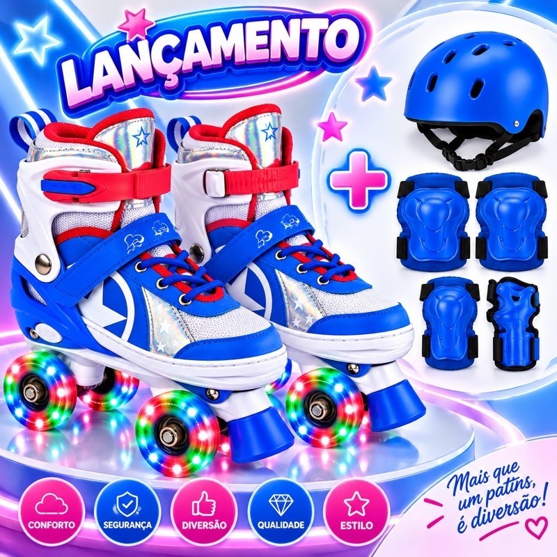 Patins Infantil Capitão America 4 Rodas com Led Tamanhos Ajustáveis e Freios Frontais