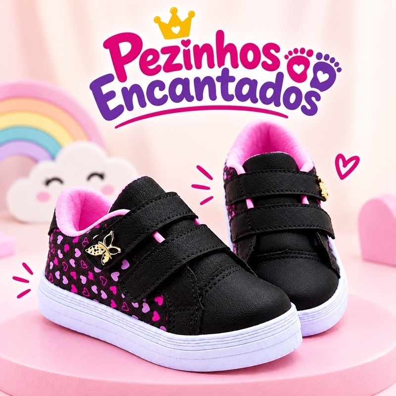 Tênis Infantil Feminino Velcro Duplo Confortável Escolar Borboleta Coração - Pezinhos Encantados