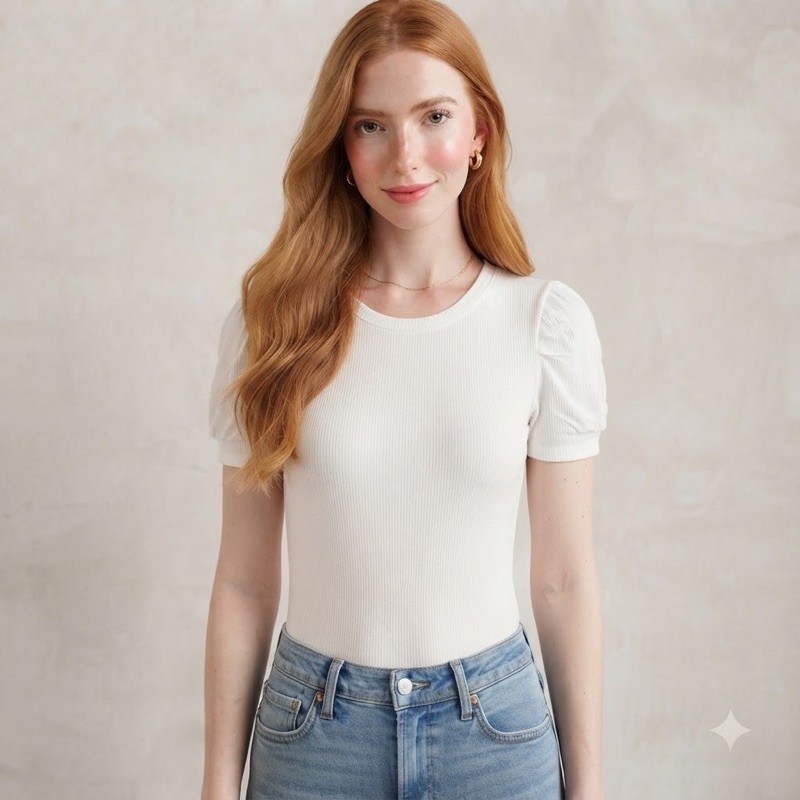 Blusa Feminina Canelada Manga Princesa | Blusa Básica Elegante Manga Curta Gola Redonda Moda Feminina